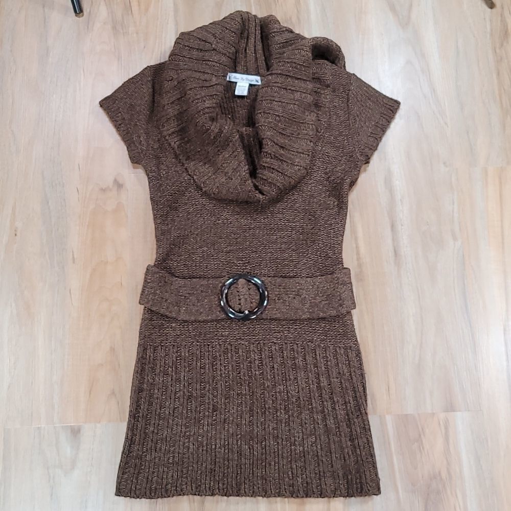 💜Love by Design Brown Knit Cowl Neck Belted Tunic Sweater Medium